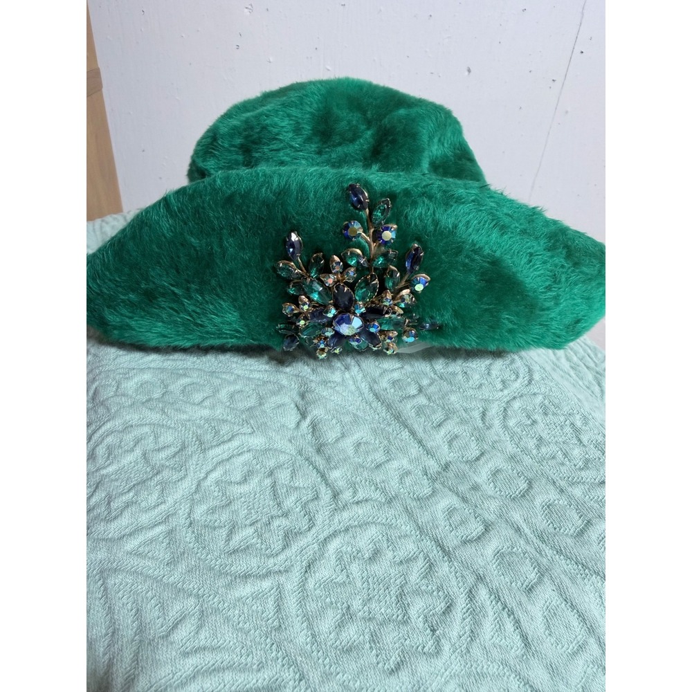 Lecis Martelle Hat Women Green Faux Fur Vintage Pillbox Brooch Union Made Germny